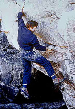 John Gill climbing V-hard in the mid 1970s. Photo courtesy of John Gill.
