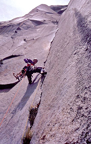 Working hard at concentration while climbing the classic Pancake Flake on The Nose of El Capitan, Yosemite, CA. McCallister photo.