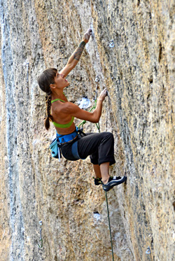 Marisa Aragon Ware managing tension while redpointing the super-sustained Esplanada (5.12d), Ten Sleep, WY. Hörst photo.